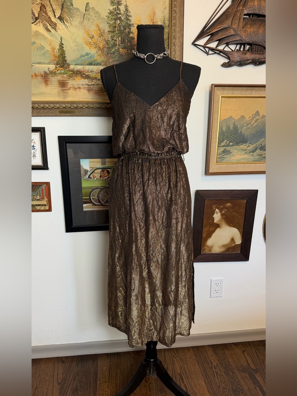 Vintage 1970s Black & Gold Disco Dress S-M